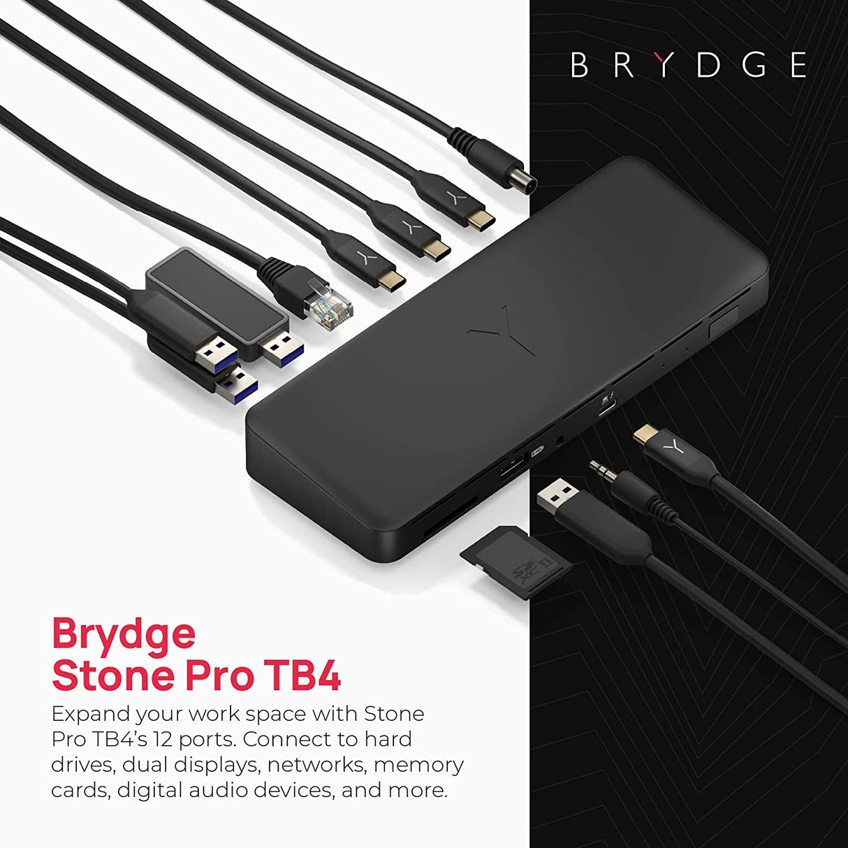 Brydge Stone Pro TB4 Thunderbolt 4 Docking Station - 12 Ports, 90 Watts Charging, Dual 4K Monitors or Single 8K Output, 40GB/s Transfer Speed - Windows 10 &amp; 11, macOS 11.0 &amp; ChromeOS Compatible
