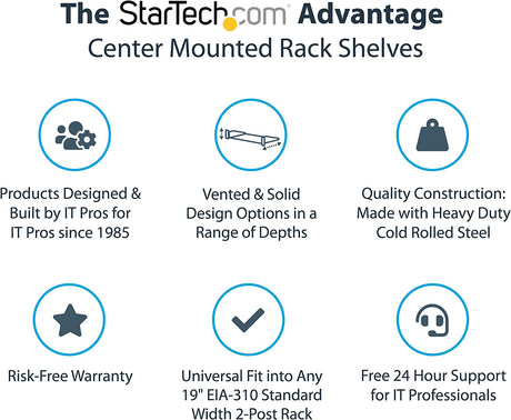 StarTech.com 2U 19" 2-Post Network Rack Cabinet Shelf - 20in Deep Center Mount Cantilever Tray Rackmount Shelf for AV/Data Equipment Enclosure w/Cage Nuts &amp; Screws 75lb Weight Capacity (CABSHF2POST2)