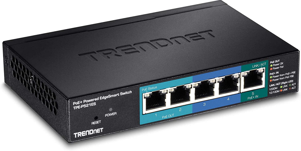 TRENDnet 5-Port Gigabit PoE+ Powered EdgeSmart Switch with PoE Pass Through, 18W PoE Budget, 10Gbps Switching Capacity, Managed Switch, Wall-Mountable, Lifetime Protection, Black, TPE-P521ES EdgeSmart w/ Pass Through 5-Port Gigabit PoE+