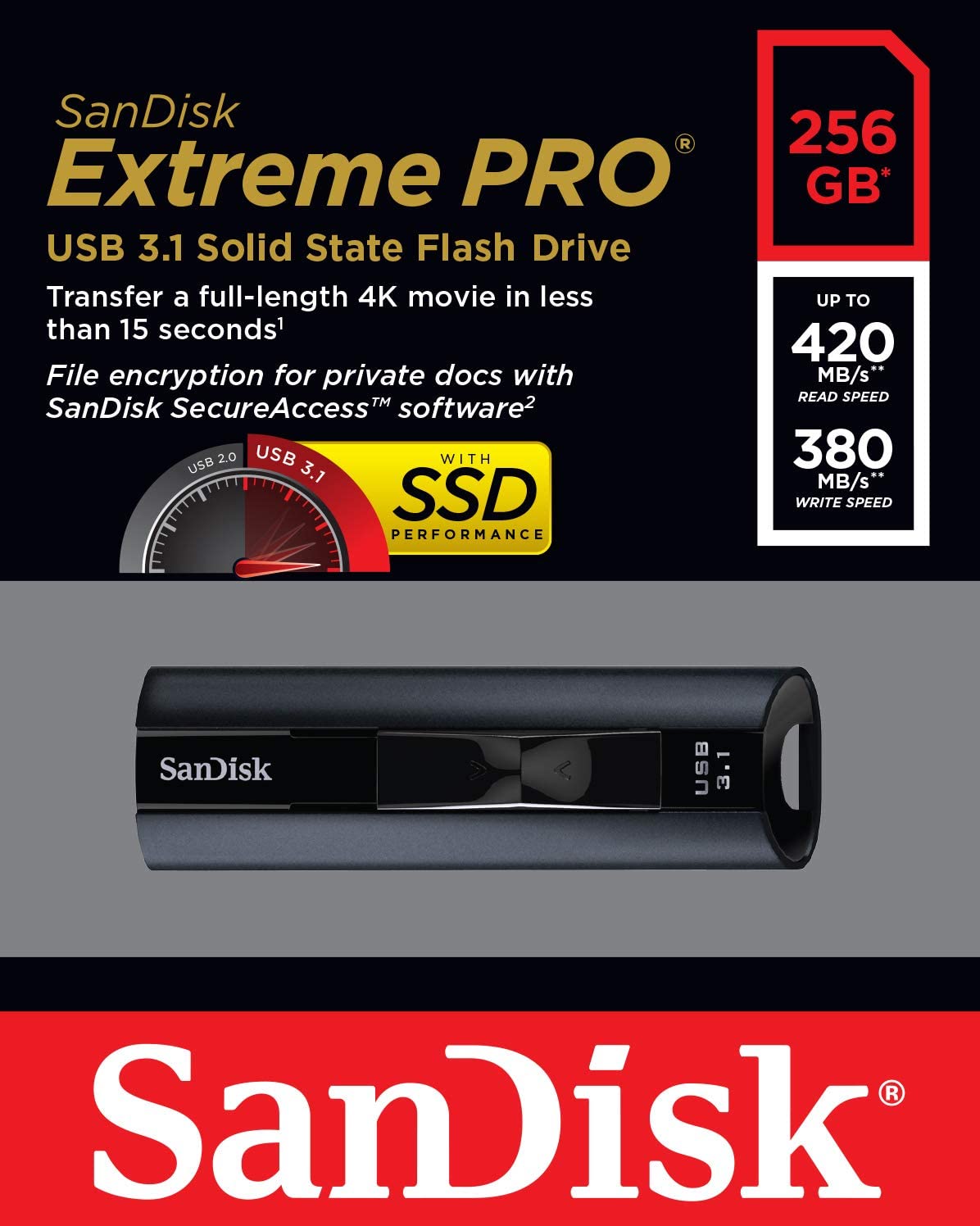 SanDisk 256GB Extreme PRO USB 3.1 Solid State Flash Drive - SDCZ880-256G-G46, Black 1 Count (Pack of 1) Flash Drive USB 3.1