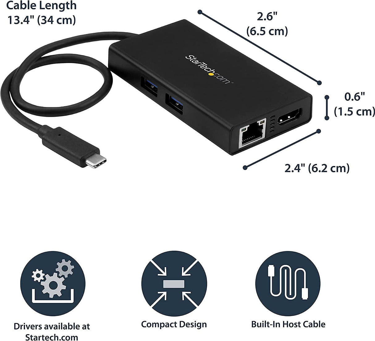 StarTech.com USB-C Multiport Adapter - USB-C Travel Docking Station with 4K HDMI - 60W Power Delivery Pass-Through, GbE, 2pt USB-A 3.0 Hub - Portable Mini USB Type-C Dock for Laptop (DKT30CHPD) Black 2x USB-A 3.0 | GbE