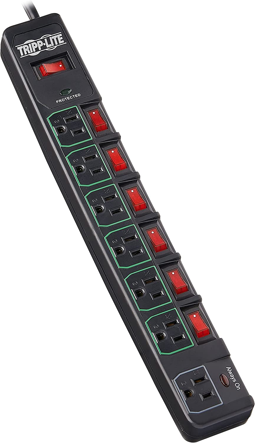 Tripp Lite 7 Outlet (6 Individually Controlled) Surge Protector Power Strip, 6ft Cord, Black, Lifetime Limited Warranty &amp; $25K Insurance (TLP76MSGB) 7 Outlet (Black) + Outlet Control Outlet