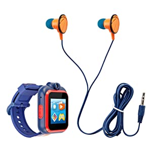 Playzoom Kids Smartwatch &amp; Earbuds Set - Video Camera Selfies STEM Learning Educational Fun Games, MP3 Music Player Audio Books Touch Screen Sports Digital Watch Fun Gift for Kids Toddlers Boys Girls PlayZoom 2 W/Earbuds Navy Sports