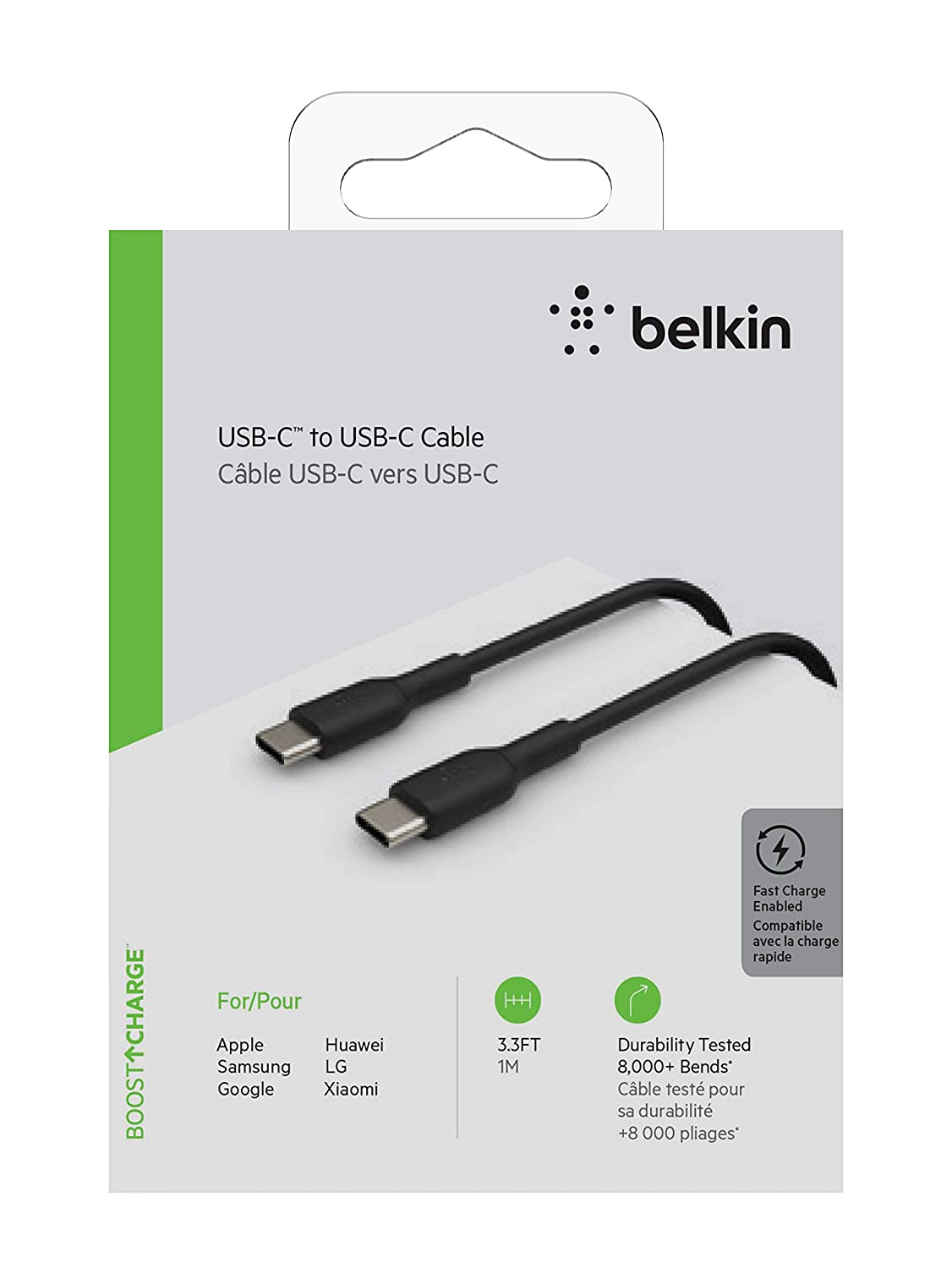 Belkin USB-C to USB-C Cable (USB-C Fast Charge Cable for S20, S10, Note10, Note9, Pixel 4, Pixel 3, iPad Pro, more) USB Type-C Cable (3.3ft/1m, black) Cable 3.3 feet Black