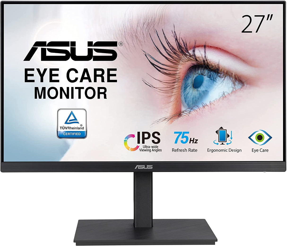 ASUS 27” 1080P Monitor (VA27EQSB) - Full HD, IPS, 75Hz, Adaptive-Sync, Speakers, Eye Care, Low Blue Light, Flicker Free, DisplayPort, HDMI, USB Hub, D-Sub, Frameless, Wall Mountable, Height Adjustable