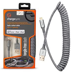 Ventev Helix 14 In Expandable iPhone Cable | Fast Charging USB-A to Lightning Cable | Coiled MFi Certified iPhone Charger Cord | No Tangle Cord, Conveniently Crafted For The Car iPhone, Gray