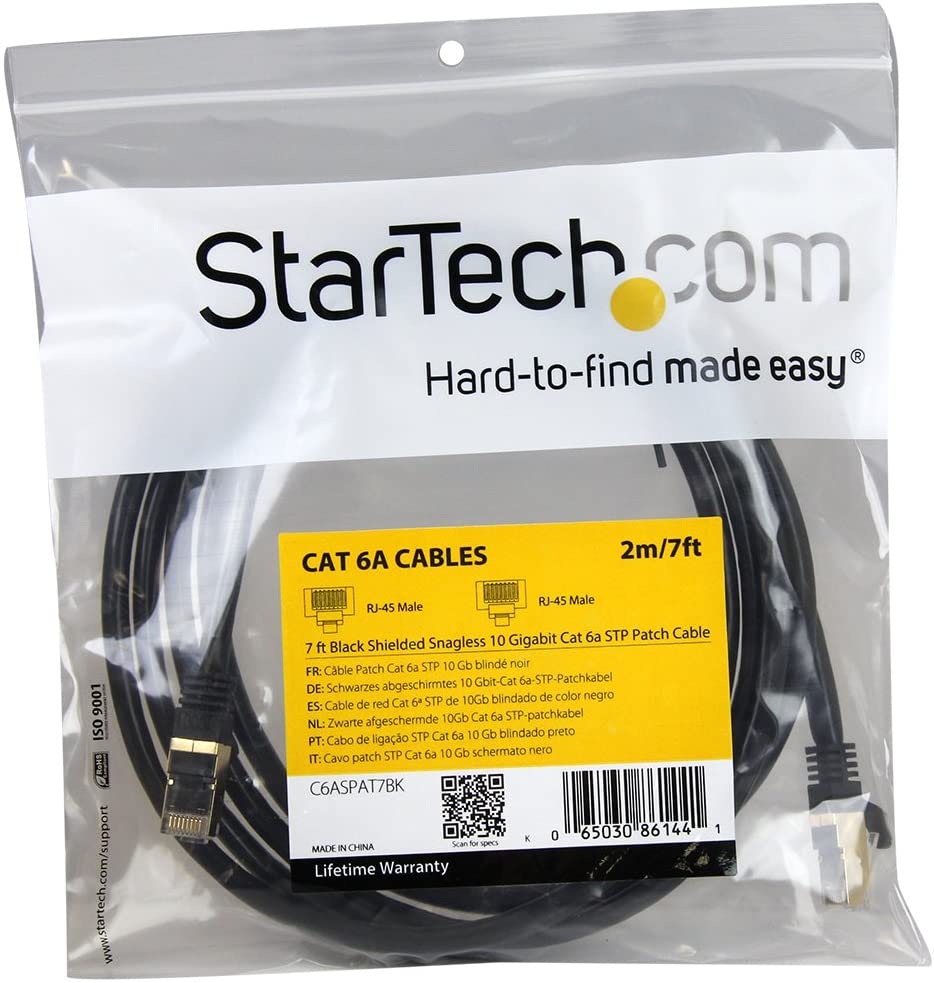 StarTech.com 7ft CAT6a Ethernet Cable - 10 Gigabit Shielded Snagless RJ45 100W PoE Patch Cord - 10GbE STP Network Cable w/Strain Relief - Black Fluke Tested/Wiring is UL Certified/TIA (C6ASPAT7BK) 7 ft Black