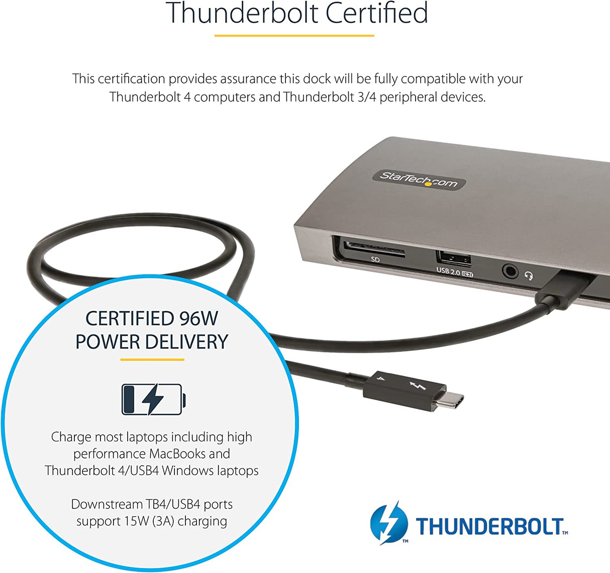 StarTech.com Thunderbolt 4 Dock, 96W Power Delivery, Single 8K/Dual Monitor 4K 60Hz, 3xTB4/USB4 ports, 4xUSB-A, SD, GbE, Thunderbolt 4 Docking Station for Windows or TB3 MacBook, 0.8m Cable (TB4CDOCK) TB4 / USB4