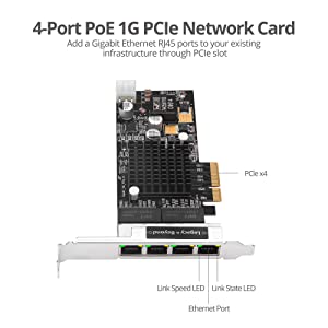 SIIG 4-Port Gigabit Ethernet with PoE PCIe Card -Intel 350, PCIe 2.0 x4 to Quad RJ-45,1000/100/10Mbps,PoE,802.3af Power Over Ethernet,Intel I350-T4,Large Heat Sink,Dual-Profile Brackets LB-GE0811-S1