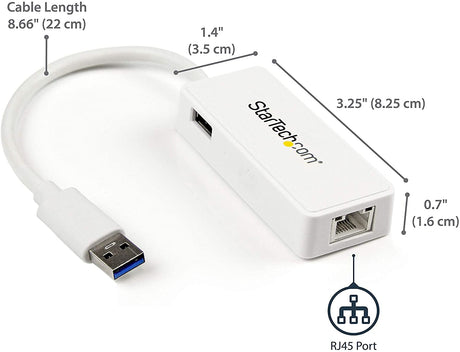 StarTech.com USB 3.0 to Gigabit Ethernet Adapter NIC w/ USB Port (White) - USB 3.0 NIC - 10/100/1000 Mbps USB 3.0 LAN Adapter (USB31000SPTW) White w/ 1 USB Port