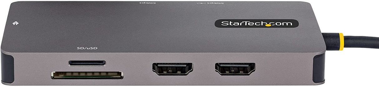 StarTech.com USB C Multiport Adapter, Dual HDMI Video, 4K 60Hz, 2Pt 5Gbps USB-A 3.1 Hub, 100W Power Delivery, GbE, SD/MicroSD, 12"/30cm Cable, Travel Dock, Laptop Docking Station (120B-USBC-MULTIPORT)