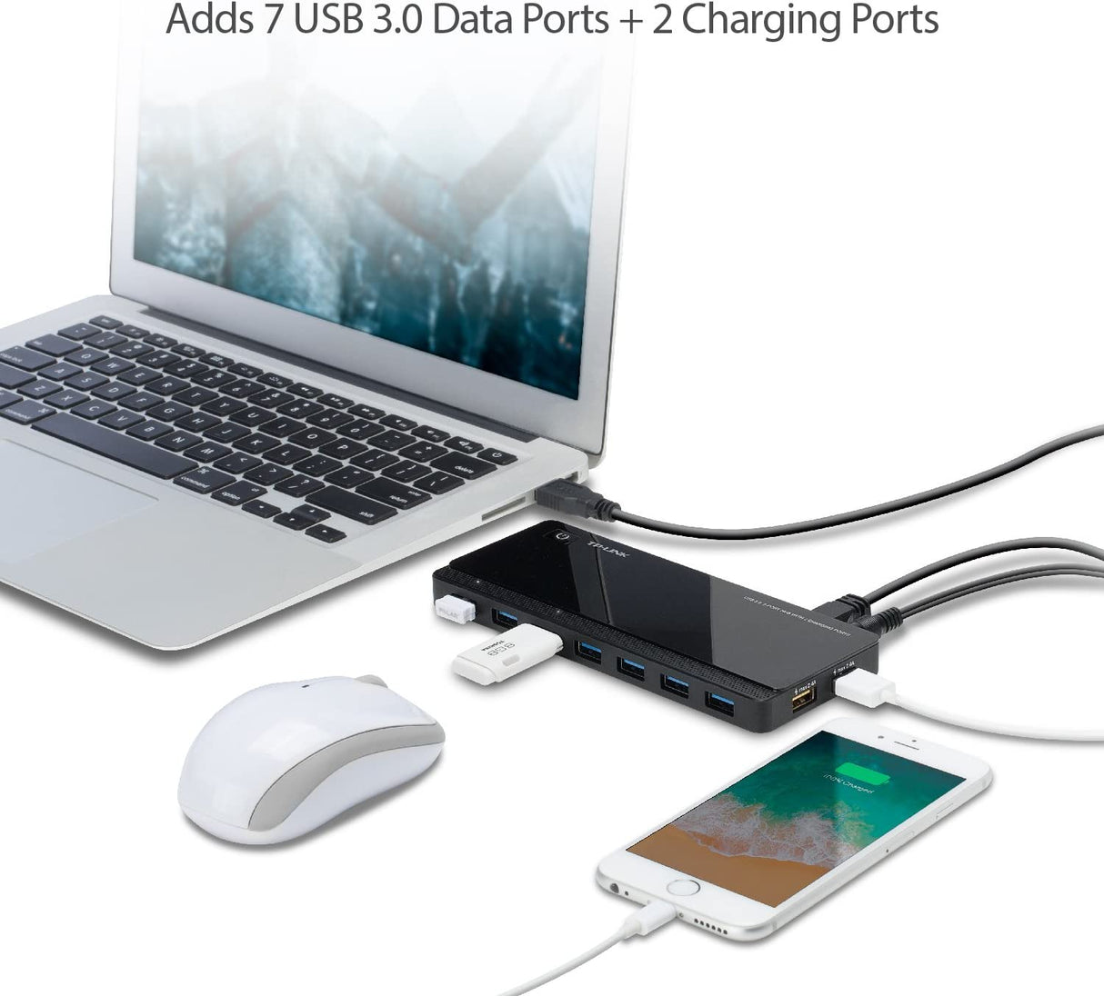 TP-Link Powered USB Hub 3.0 with 7 USB 3.0 Data Ports and 2 Smart Charging USB Ports. Compatible with Windows, Mac, Chrome &amp; Linux OS, with Power On/Off Button, 12V/4A Power Adapter(UH720)