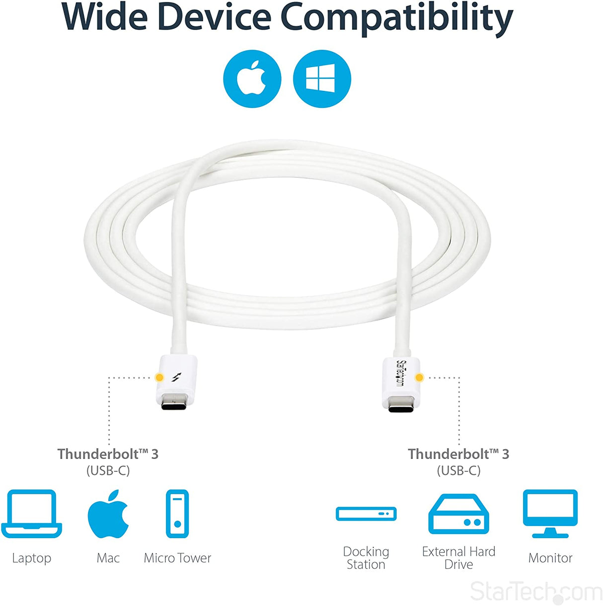 StarTech.com 20Gbps Thunderbolt 3 Cable - 6.6ft/2m - White - 4k 60Hz - Certified TB3 USB-C to USB-C Charger Cord w/ 100W Power Delivery (TBLT3MM2MW) 6ft 20Gbps | White