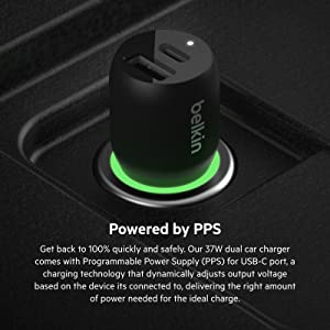 Belkin 37 Watt Dual USB Car Charger - Power Delivery 25W USB C Port &amp; 12W USB A Port for PPS Charging Apple iPhone 14, 14 Pro, 14 Pro Max, iPhone 13, Samsung Galaxy, AirPods - Included Lightning Cable Dual USB-A &amp; C 37W + LGT Cable Charger