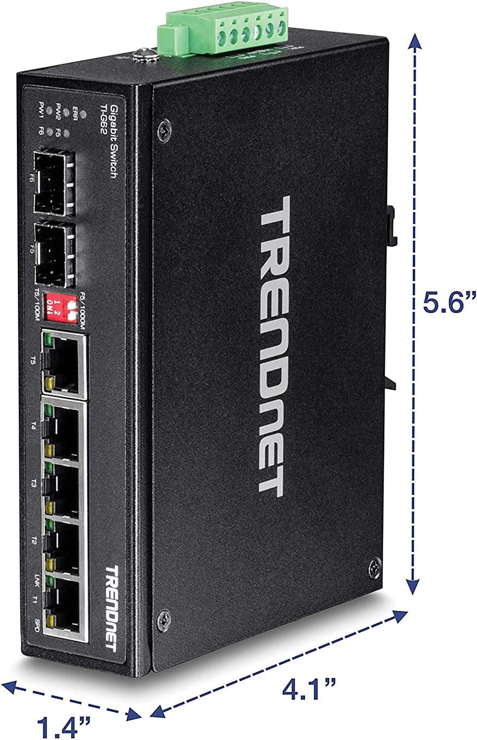 TRENDnet 6-Port Hardened Industrial Gigabit DIN-Rail Switch, 12 Gbps Switching Capacity, IP30 Rated Metal Housing (-40 to 167 ºF),DIN-Rail &amp; Wall Mounts Included,Lifetime Protection,Black,TI-G62