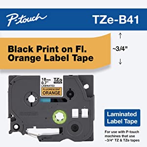 Brother Genuine P-touch TZE-B41 Tape, 3/4" (0.7") Wide Standard Laminated Tape, Black on Fluorescent Orange, Laminated for Indoor or Outdoor Use, Water-Resistant, 0.7" x 16.4' (18mm x 5M), TZEB41 Black on Fluorescent Orange 1 pack Tape