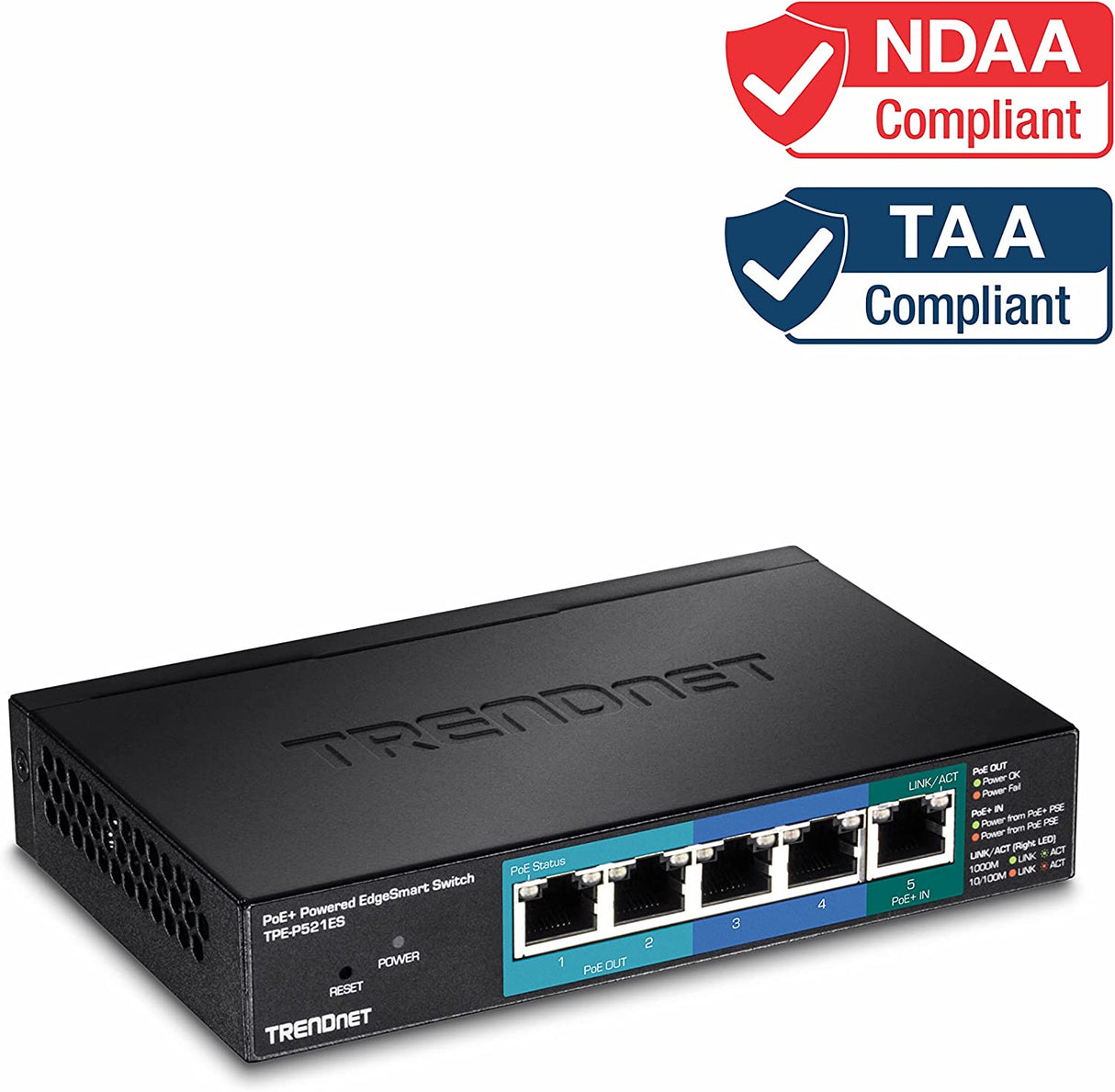 TRENDnet 5-Port Gigabit PoE+ Powered EdgeSmart Switch with PoE Pass Through, 18W PoE Budget, 10Gbps Switching Capacity, Managed Switch, Wall-Mountable, Lifetime Protection, Black, TPE-P521ES EdgeSmart w/ Pass Through 5-Port Gigabit PoE+