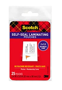Scotch Self-Sealing Laminating Pouches, 25 Pack, Business Card size (LS851G) 25 Pouches Business Card Pouches