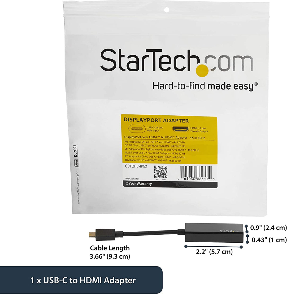 StarTech.com USB C to HDMI Adapter - 4K 60Hz - Thunderbolt 3 Compatible - USB-C Adapter - USB Type C to HDMI Dongle Converter (CDP2HD4K60) Black 4K 60Hz