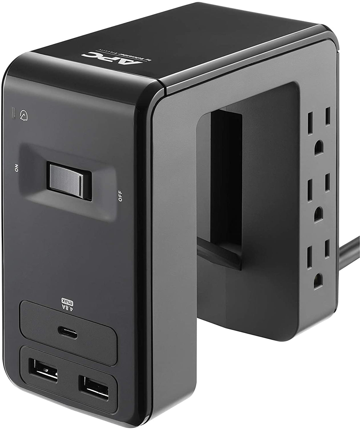 APC Desk Mount Power Station PE6U21, U-Shaped Surge Protector with USB Ports (3), Desk Clamp, 6 Outlet, 1080 Joules Black Black 3 USB Charging Ports (Type C &amp; Type A) Outlet