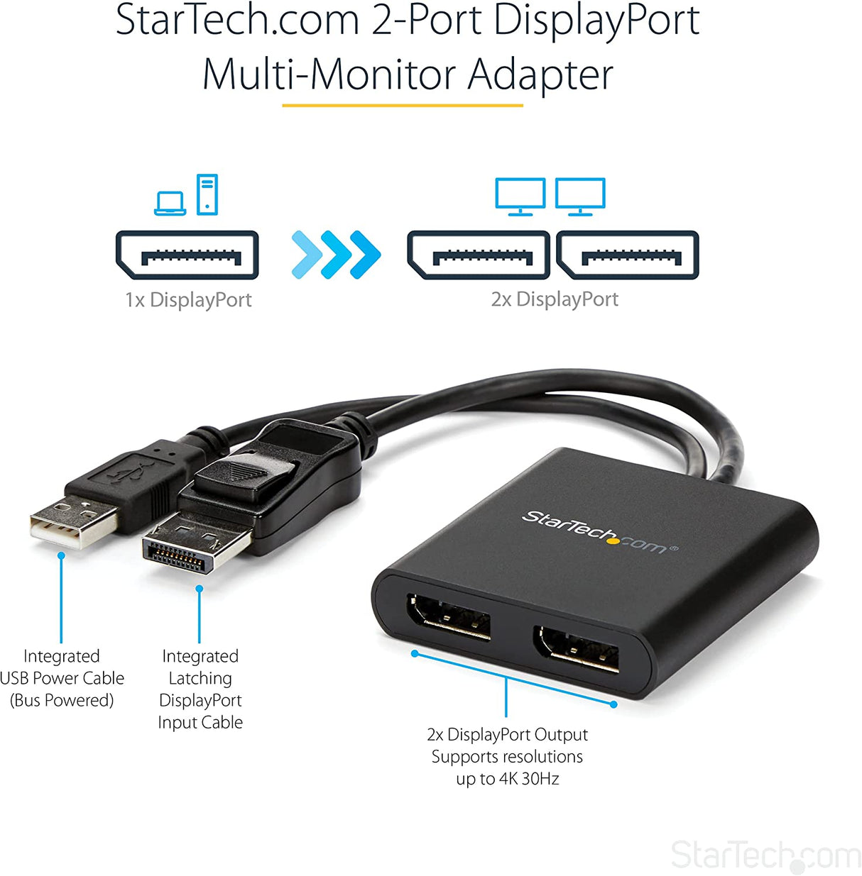 StarTech.com 2-Port Multi Monitor Adapter - DisplayPort 1.2 MST Hub - Dual 4K 30Hz or 1080p - USB Bus Powered - Video Splitter for Extended Desktop Mode on Windows PCs Only - DP to 2x DP (MSTDP122DP) DisplayPort 1.2 to 2x DisplayPort