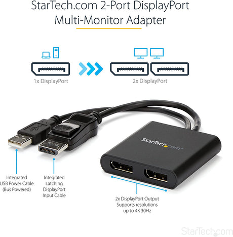 StarTech.com 2-Port Multi Monitor Adapter - DisplayPort 1.2 MST Hub - Dual 4K 30Hz or 1080p - USB Bus Powered - Video Splitter for Extended Desktop Mode on Windows PCs Only - DP to 2x DP (MSTDP122DP) DisplayPort 1.2 to 2x DisplayPort