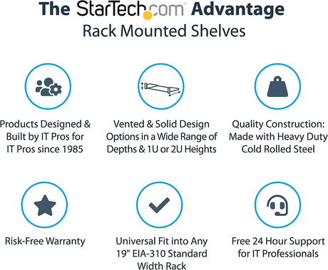 StarTech.com 1U Server Rack Shelf - Universal Vented Rack Mount Cantilever Tray for 19" Network Equipment Rack &amp; Cabinet - Heavy Duty Steel - Weight Capacity 44lb/20kg - 7" Deep Shelf (CABSHELF1U7V) 1U 7" Depth