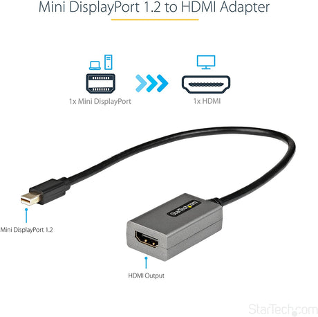 StarTech.com Mini DisplayPort to HDMI Adapter - 1080p - mDP 1.2 to HDMI Monitor/Display - Mini DP to HDMI Adapter Dongle Converter - 12" Long Attached Cable - Upgraded Version of MDP2HDMI (MDP2HDEC) Silver 1080p