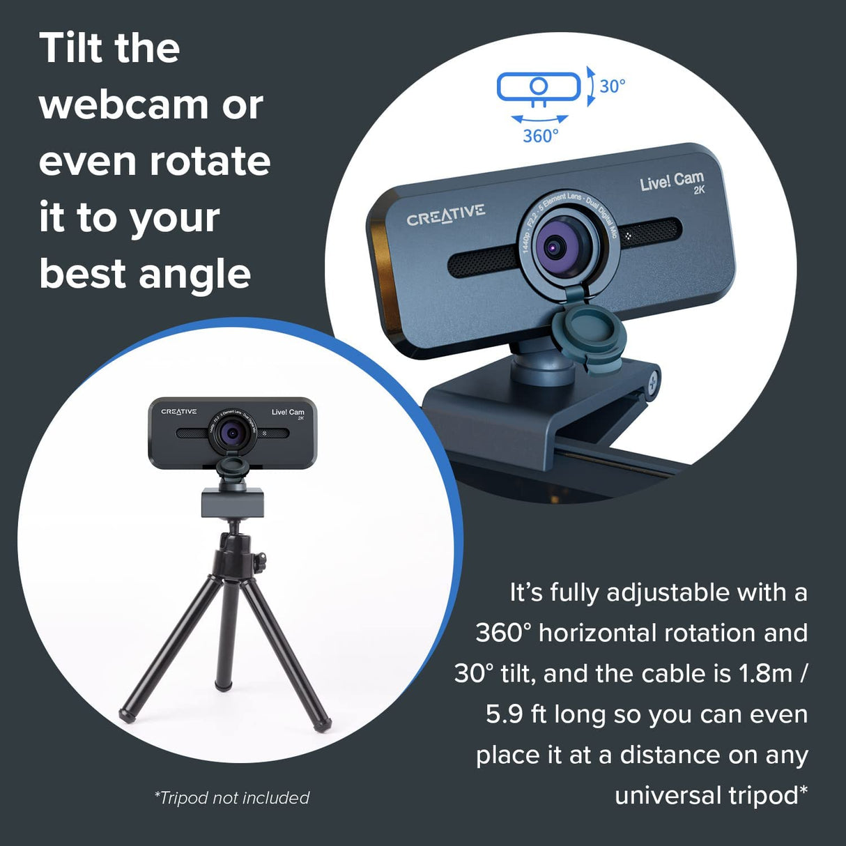 Creative Live! Cam Sync V3 2K QHD USB Webcam with 4X Digital Zoom (4 Zoom Modes from Wide Angle to Narrow Portrait View), Privacy Lens, 2 Mics, for PC and Mac 2K QHD with SmartComms Kit