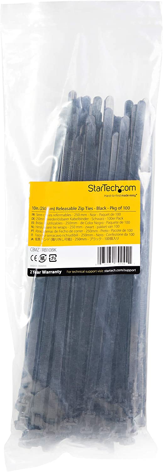 StarTech.com 10"(25cm) Reusable Cable Ties - 1/4"(7mm) wide, 2-1/2"(65mm) Bundle Dia. 50lb(22kg) Tensile Strength, Releasable Nylon Ties, Indoor/Outdoor, 94V-2/UL Listed, 100 Pack - Black(CBMZTRB10BK) Black 10 in | 50 lbs (22kg) Reusable 100