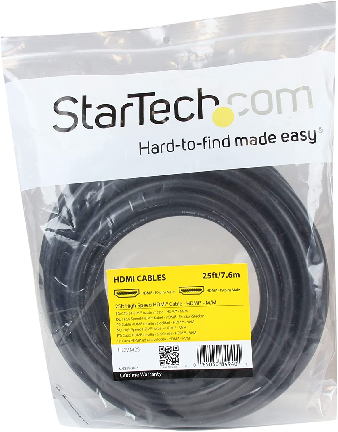 StarTech.com 25 ft High Speed HDMI Cable Ultra HD 4k x 2k HDMI Cable HDMI to HDMI M/M - 25ft HDMI 1.4 Cable - Audio/Video Gold-Plated (HDMM25) 25 ft / 7.5m