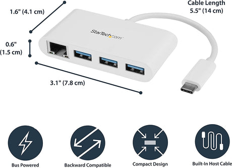 StarTech.com 3 Port USB C Hub w/Gigabit Ethernet USB Type C to 3 x USB-A Multi Port USB 3.0 Hub for MacBook Pro (HB30C3A1GEA) Standard (White) Ethernet w/ 3x USB-A