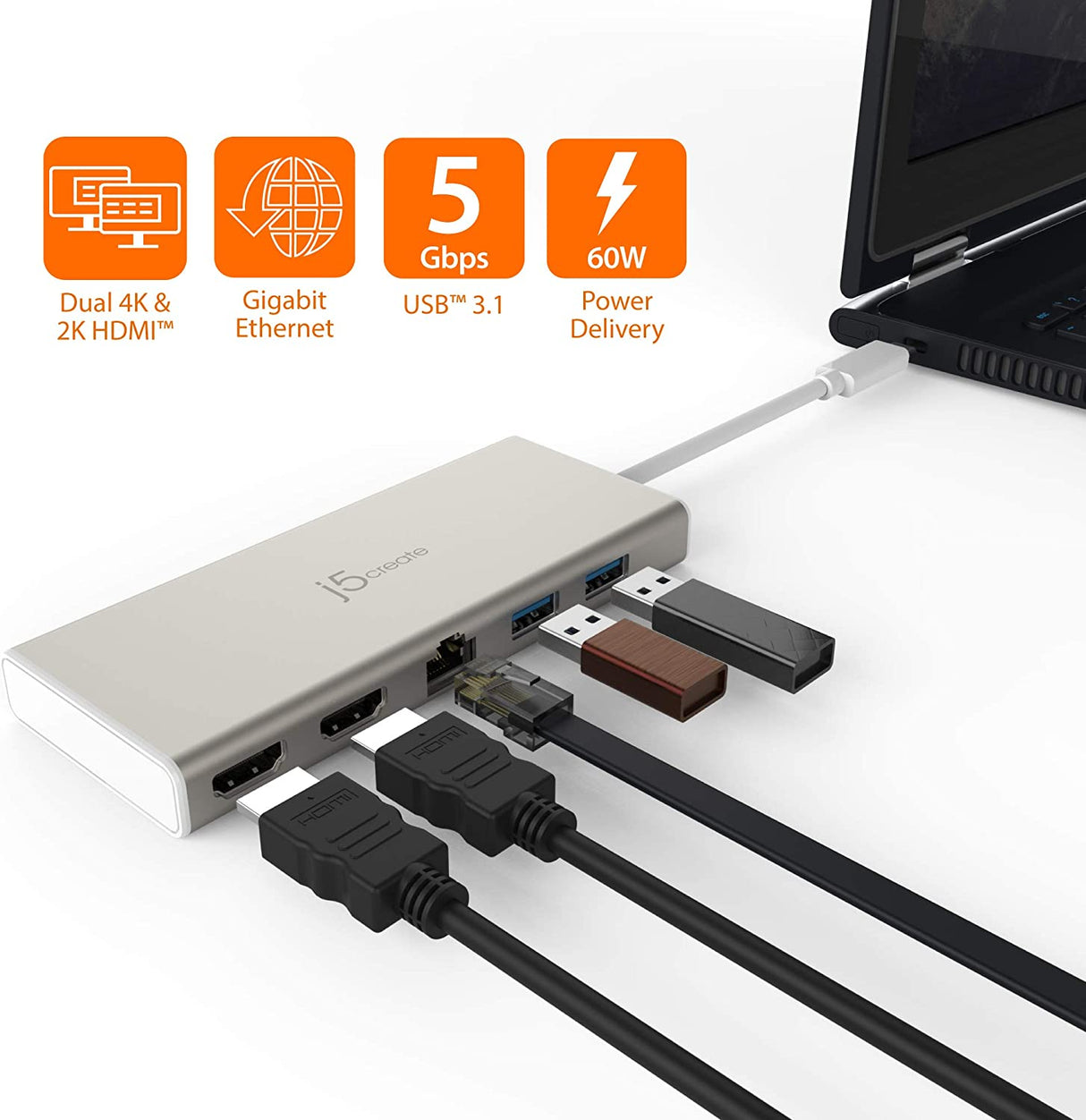 J5 create j5create USB-C Mini Dock- Type C Hub with 2X 4K HDMI, 2X USB 3.0, Ethernet, Power Delivery 2.0
