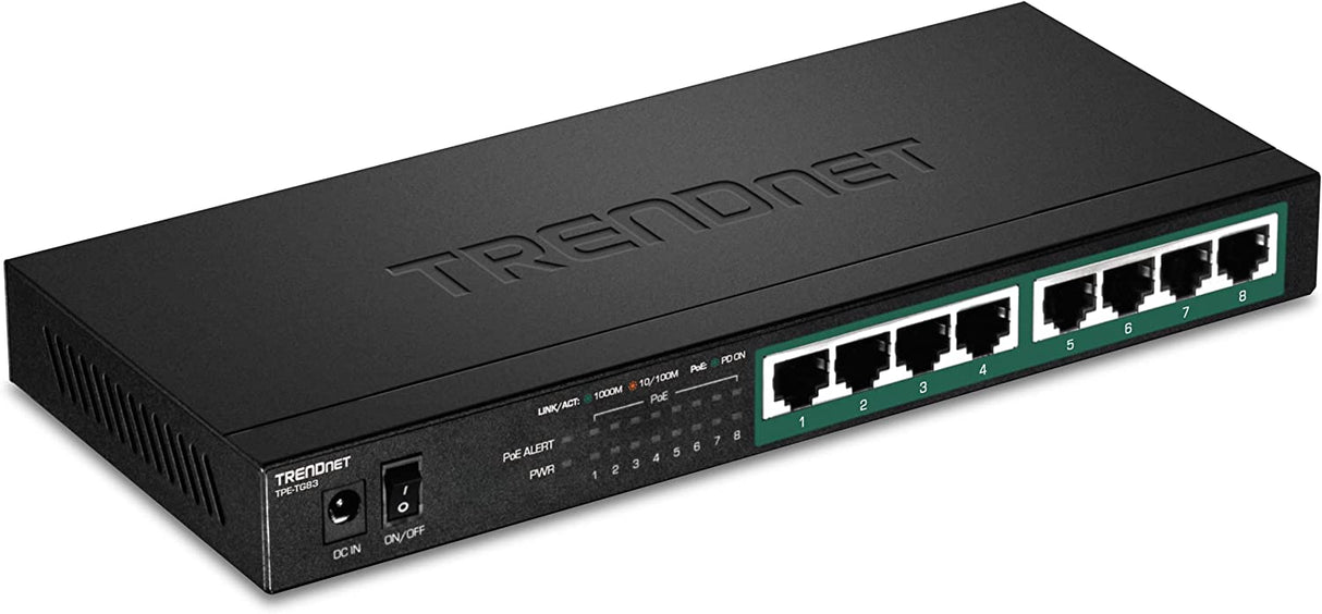 TRENDnet 8-Port Gigabit PoE+ Switch, 65W PoE Power Budget, 16Gbps Switching Capacity, IEEE 802.1p QoS, DSCP Pass-Through Support, Fanless, Wall Mountable, Lifetime Protection, Black, TPE-TG83 65W 8-Port