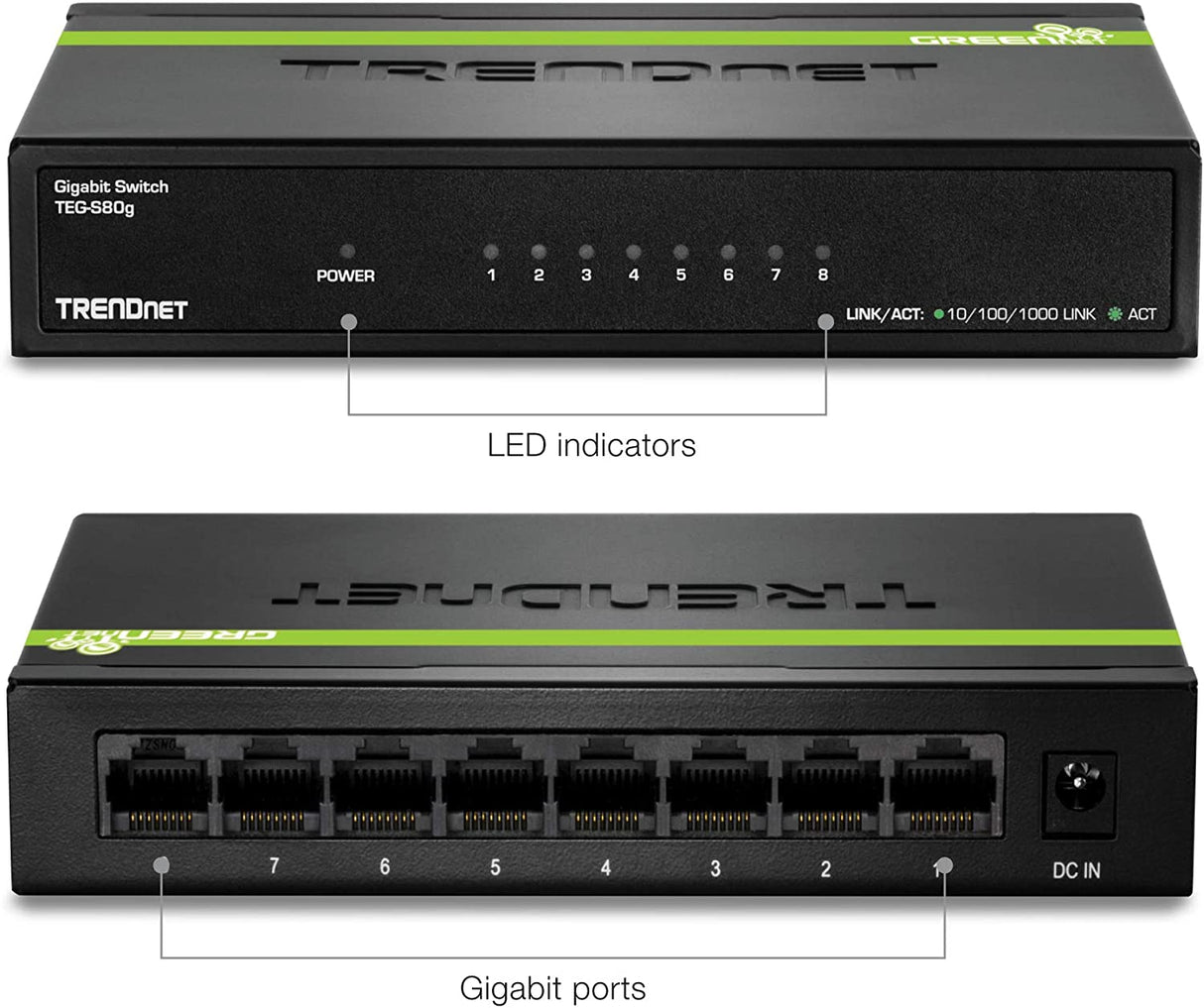 TRENDnet 8-Port Unmanaged Gigabit GREENnet Desktop Metal Switch, Ethernet Splitter, Fanless,16Gbps Switching Capacity, Plug &amp; Play, Lifetime Protection, TEG-S80G,Black 8-Port Gigabit