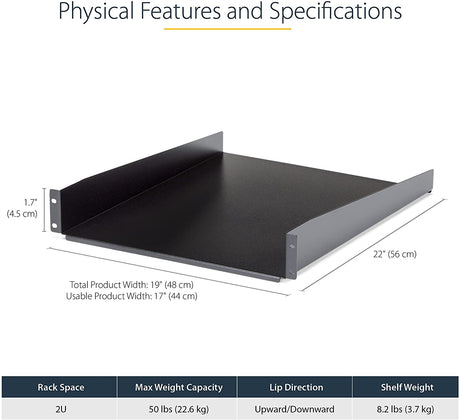 StarTech.com 2U Server Rack Shelf - Universal Rack Mount Cantilever Shelf for 19" Network Equipment Rack &amp; Cabinet - Heavy Duty Steel Weight Capacity 50lb/23kg - 22" Deep Tray, Black (CABSHELF22) 22" Depth 22" Depth