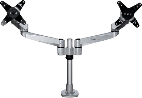 StarTech.com Desk Mount Dual Monitor Arm - Premium Articulating Monitor Arm - up to 27 VESA Mount Displays - Height Adjustable Monitor Mount - Rotate/Tilt/Swivel - Clamp/Grommet - Silver (ARMDUALPS)