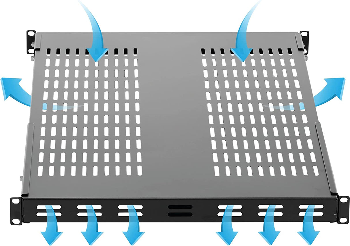 StarTech.com 1U Adjustable Vented Server Rack Mount Shelf - 250lbs - 19.5 to 38in Adjustable Mounting Depth Universal Tray for 19" AV/ Network Equipment Rack - 27.5in Deep (ADJSHELFHDV) 250 lbs | Vented Shelf