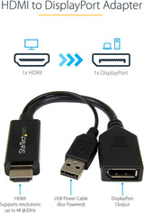 StarTech.com 4K 30Hz HDMI to DisplayPort Video Adapter w/ USB Power - 6 in - HDMI 1.4 (Male) to DP 1.2 (Female) Active Monitor Converter (HD2DP) HDMI to DisplayPort - 4K30 with USB Power