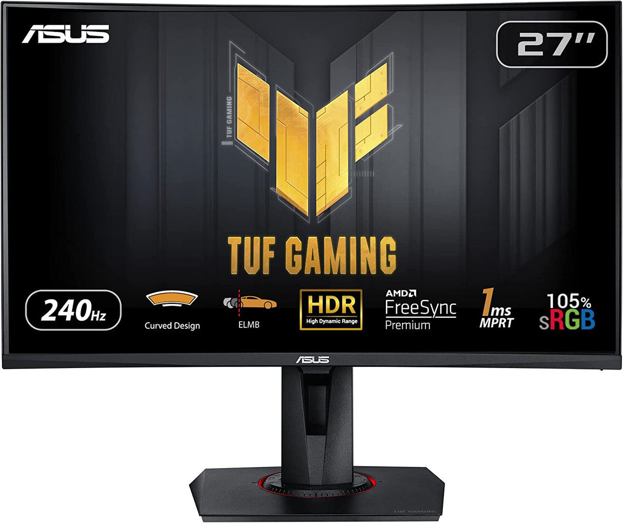 ASUS 27” 1080P TUF Gaming Curved HDR Monitor (VG27VQM) - Full HD, 240Hz, 1ms, Extreme Low Motion Blur, Adaptive-Sync, Freesync™ Premium, Speakers, Eye Care, HDMI, DisplayPort, USB, Height Adjustable