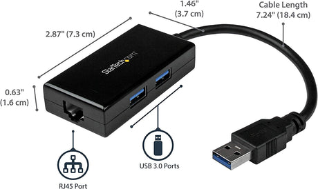 StarTech.com 2 Port USB 3.0 Hub with Ethernet - USB 3.0 x 2 - Gigabit Ethernet Network Adapter for Windows/Mac/Chrome (USB31000S2H) Black 2x USB-A Black