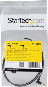 StarTech.com 3 ft Slim 3.5mm Right Angle Stereo Audio Cable - M/M (MU3MMS2RA), Black 3 ft 2 Angled Connector Audio Cable