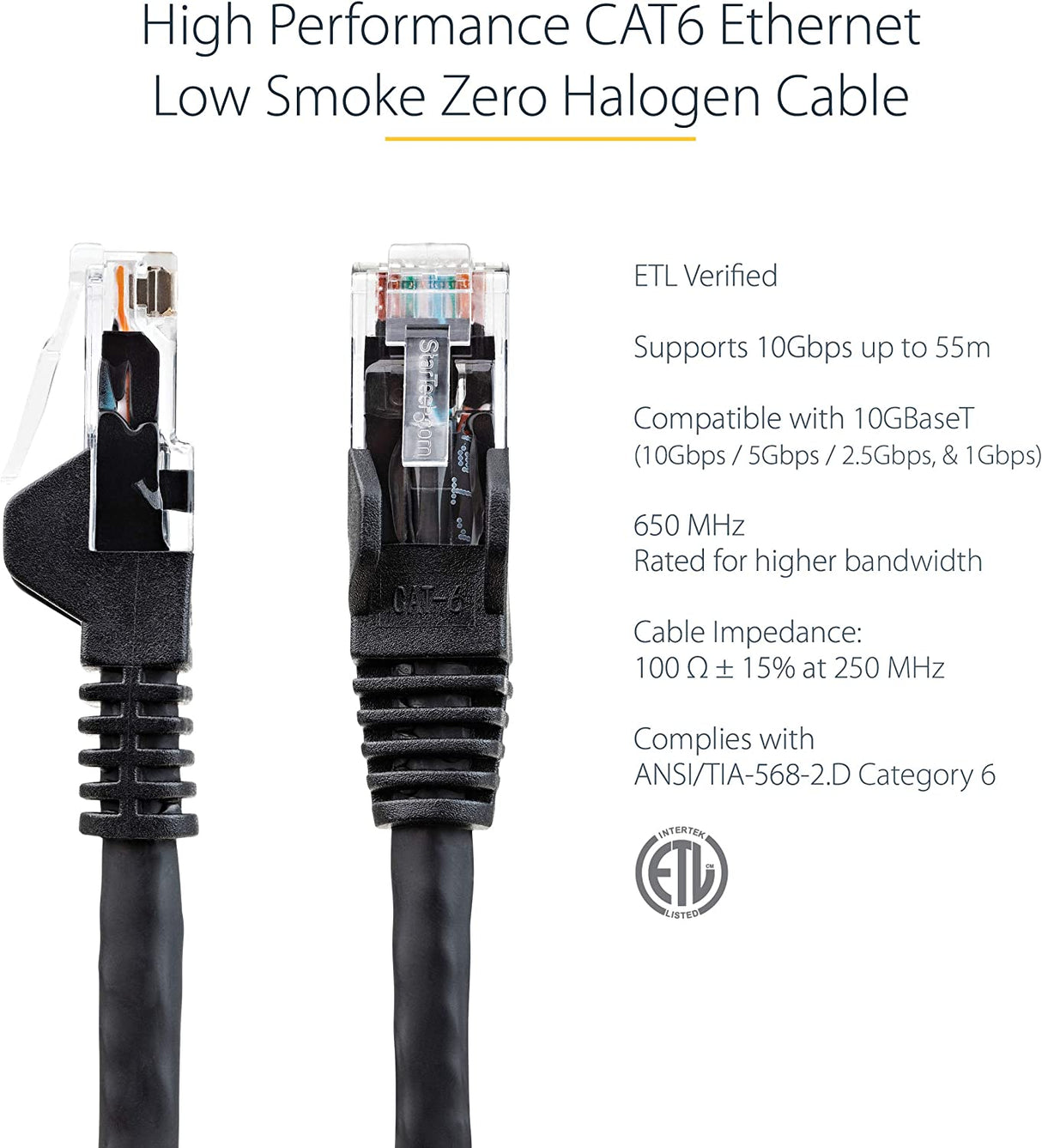 Startech 3ft (90cm) CAT6 Ethernet Cable - LSZH (Low Smoke Zero Halogen) - 10 Gigabit 650MHz 100W PoE RJ45 UTP Network Patch Cord Snagless w/Strain Relief - Black CAT 6, ETL Verified (N6LPATCH3BK) 3 ft Black