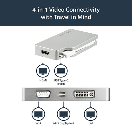 StarTech.com USB C Multiport Video Adapter with HDMI, VGA, Mini DisplayPort or DVI - USB Type C Monitor Adapter to HDMI 1.4 or mDP 1.2 (4K) - VGA or DVI (1080p) - Silver Aluminum (CDPVGDVHDMDP)