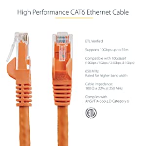 StarTech.com 35ft CAT6 Ethernet Cable - Orange CAT 6 Gigabit Ethernet Wire -650MHz 100W PoE RJ45 UTP Network/Patch Cord Snagless w/Strain Relief Fluke Tested/Wiring is UL Certified/TIA (N6PATCH35OR) Orange 35 ft / 10.6 m 1 Pack