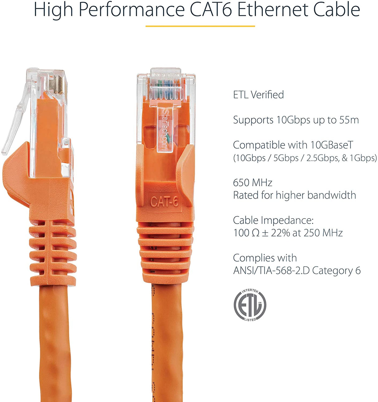 StarTech.com 7ft CAT6 Ethernet Cable - Orange CAT 6 Gigabit Ethernet Wire - 650MHz 100W PoE RJ45 UTP Network/Patch Cord Snagless w/Strain Relief Fluke Tested/Wiring is UL Certified/TIA (N6PATCH7OR) Orange 7 ft / 2.1 m 1 Pack