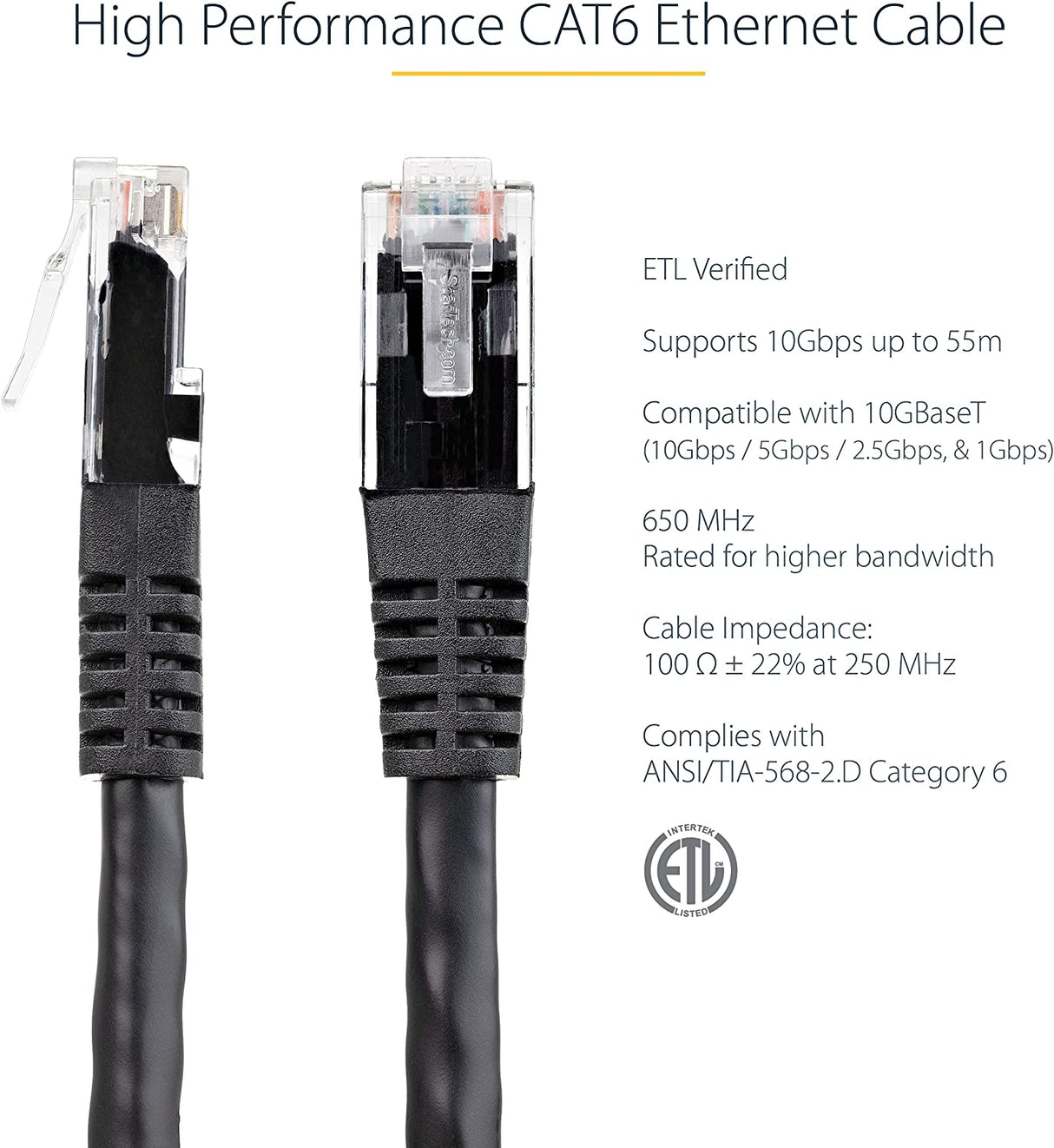StarTech.com 50ft CAT6 Ethernet Cable - Black CAT 6 Gigabit Ethernet Wire -650MHz 100W PoE++ RJ45 UTP Molded Category 6 Network/Patch Cord w/Strain Relief/Fluke Tested UL/TIA Certified (C6PATCH50BK) Black 50 ft / 15 m 1 Pack