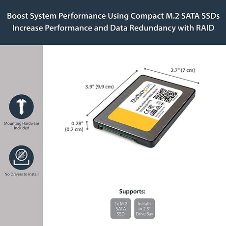 StarTech.com Dual M.2 SATA Adapter with RAID - 2x M.2 SSDs to 2.5in SATA (6Gbps) RAID Adapter Converter with TRIM Support (25S22M2NGFFR) Black/Silver 2x SATA M.2 (RAID) Enclosed