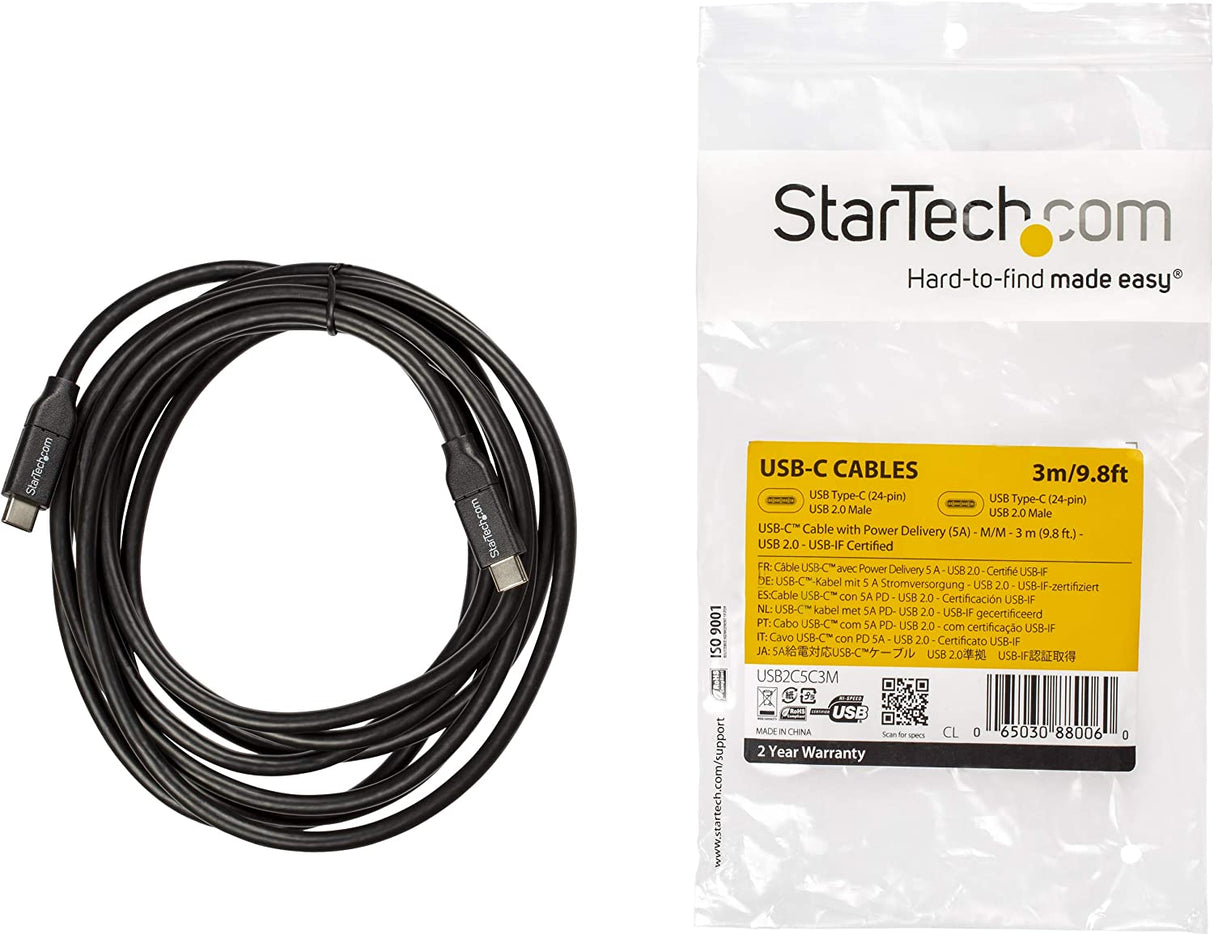 StarTech.com USB C To USB C Cable - 10 ft / 3m - USB-IF Certified - 5A PD - USB 2.0 - USB Type C Charging Cable - USB C Fast Charge Cable (USB2C5C3M) Black 10 ft/ 3 m