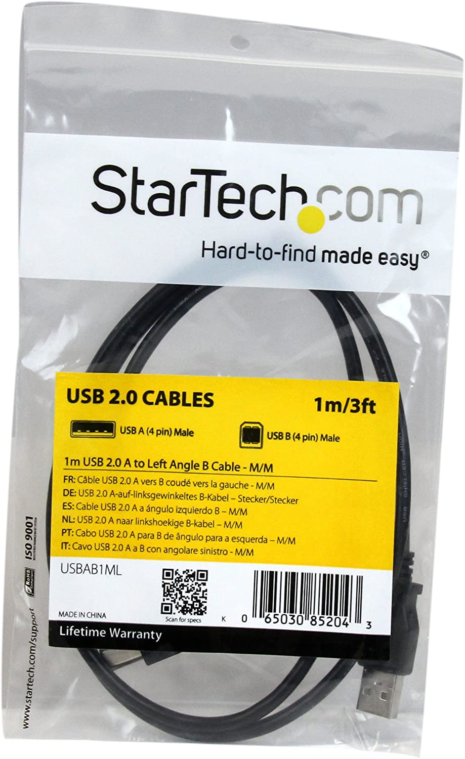 StarTech.com 1m USB 2.0 A to Left Angle B Cable Cord - 1 m USB Printer Cable - Left Angle USB B Cable - 1x USB A (M), 1x USB B (M) (USBAB1ML),Black Left Angled Connector 3 ft / 1m